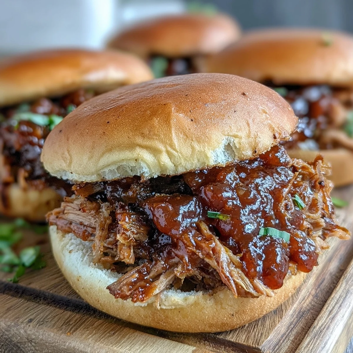 Tender shredded pork is coated in a sweet and tangy applesauce glaze for a juicy bite.