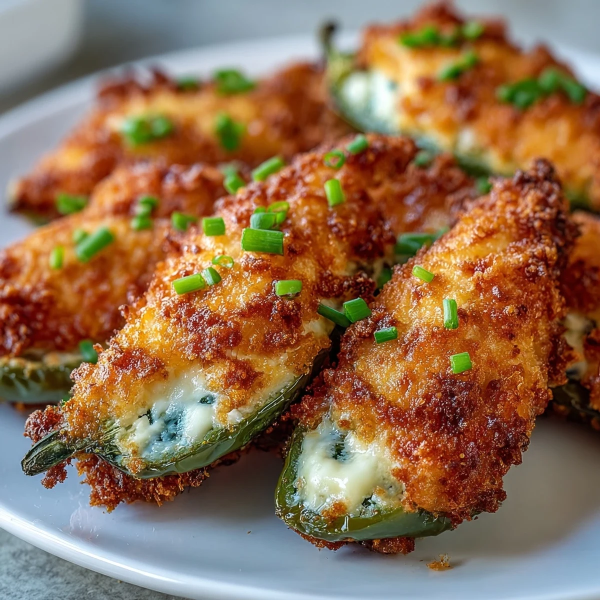 Golden Air Fryer Jalapeño Poppers with creamy cheese filling and crispy breadcrumb tops on a serving platter.