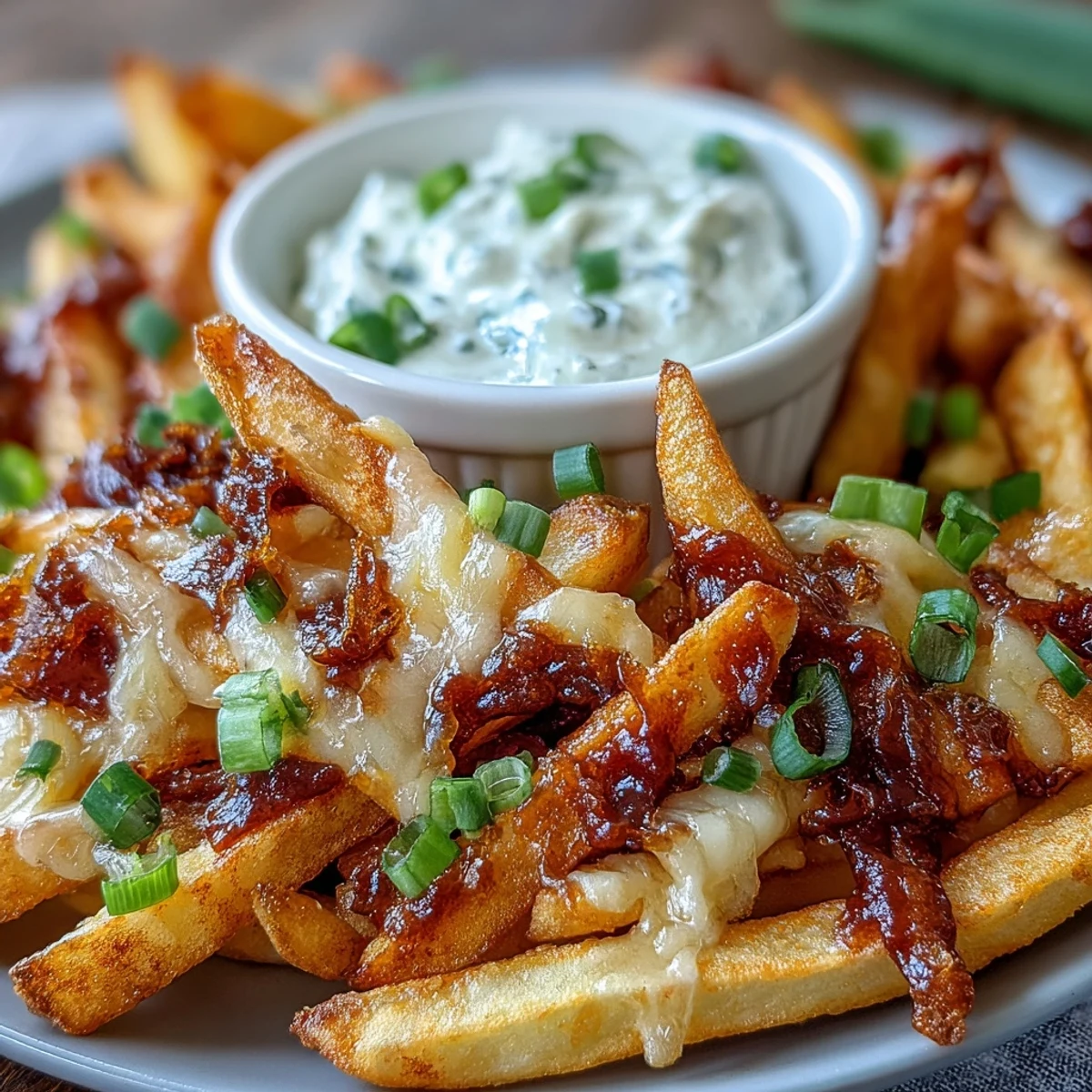 A close-up of oven-baked Cheesy BBQ Fries with Ranch Dip served with creamy dip and parsley garnish.