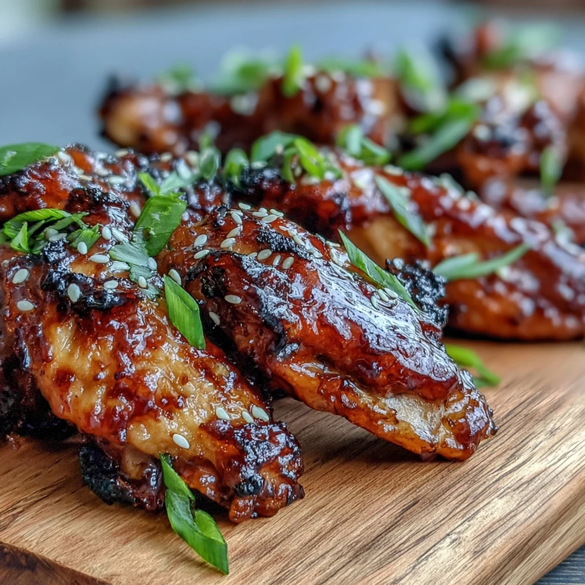 Freshly cooked Coca Cola Chicken Wings glistening with sticky glaze on a platter with sesame seeds and scallions.