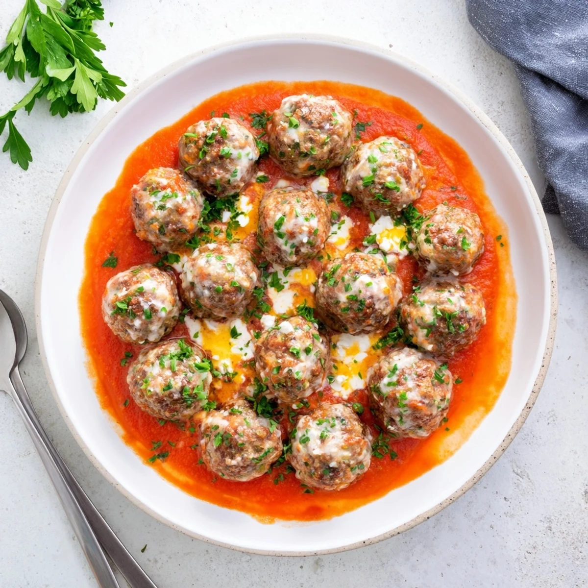 Juicy, browned Instant Pot Greek Meatballs swimming in rich tomato sauce, topped with creamy lemon-feta.