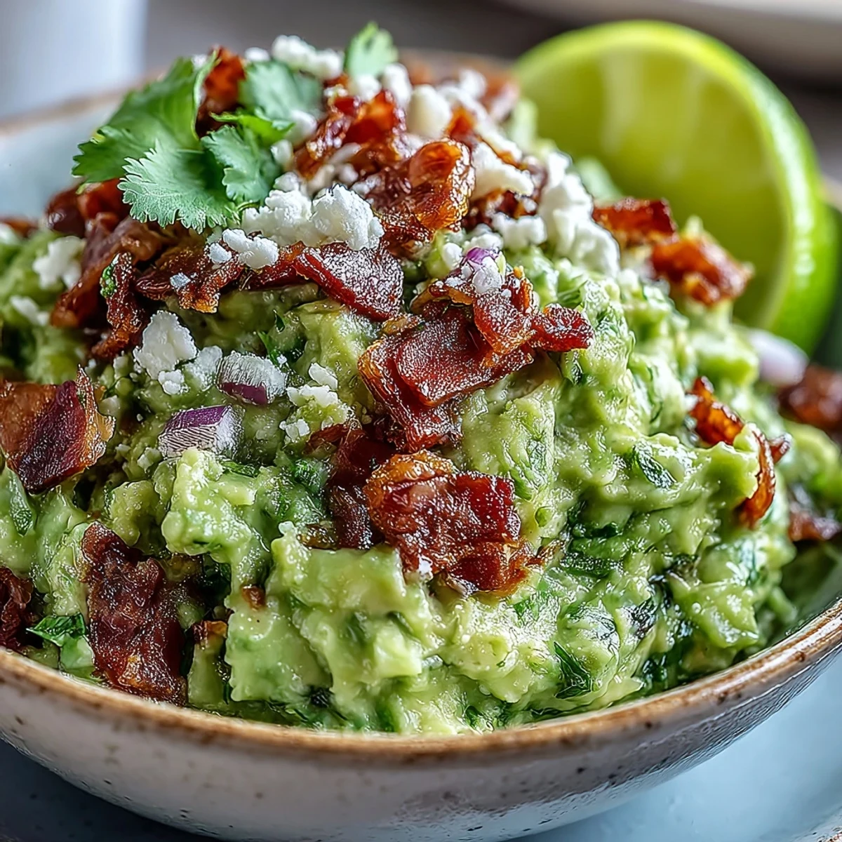 A serving bowl of Bacon Guacamole with Cotija cheese garnished with crispy bacon, diced tomato, and jalapeño.