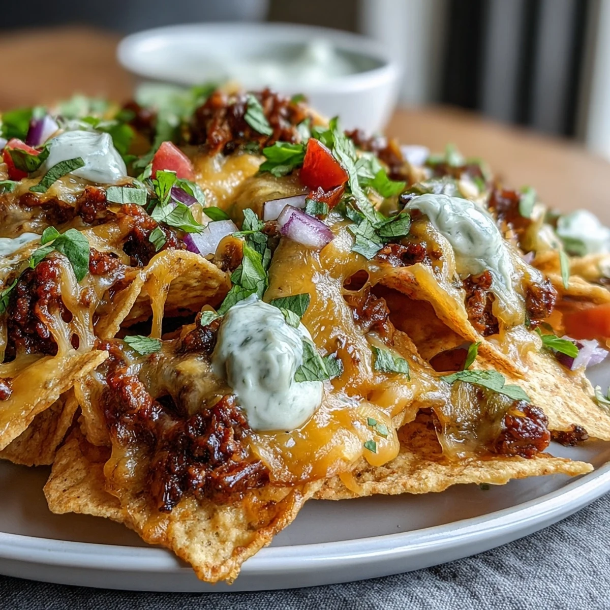 Smoky BBQ beef and melted cheddar blanket sturdy tortilla chips for the ultimate BBQ Beef Nachos.