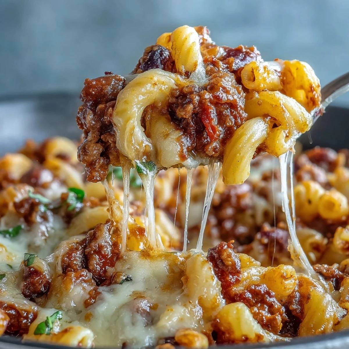 Steaming bowl of One-Pan High Protein Chili Mac topped with green onions and sour cream.