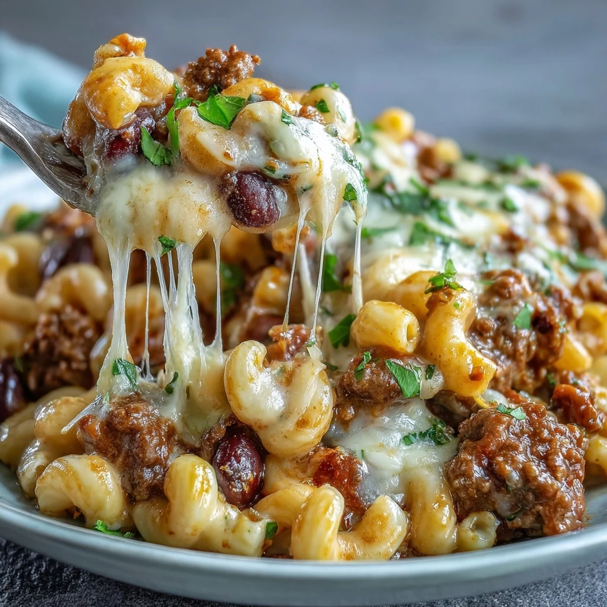Creamy One-Pan High Protein Chili Mac with melted cheddar and hearty ground beef in a rustic bowl.