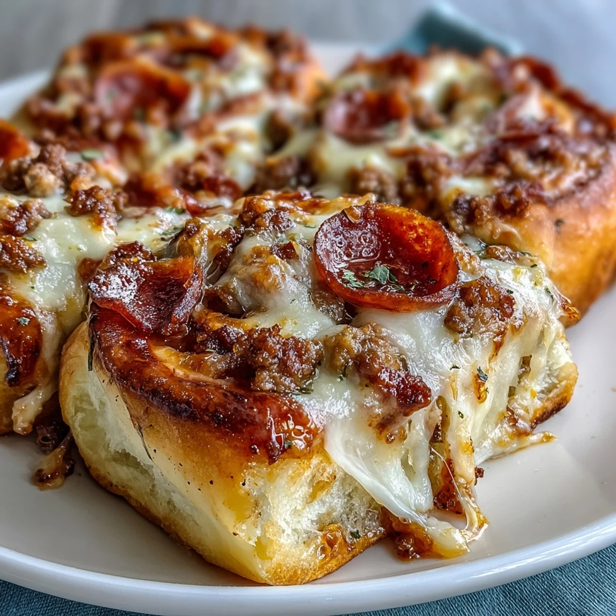 Golden-brown, high protein pepperoni pizza rolls fresh from the oven, with melted mozzarella and savory beef filling peeking out.  