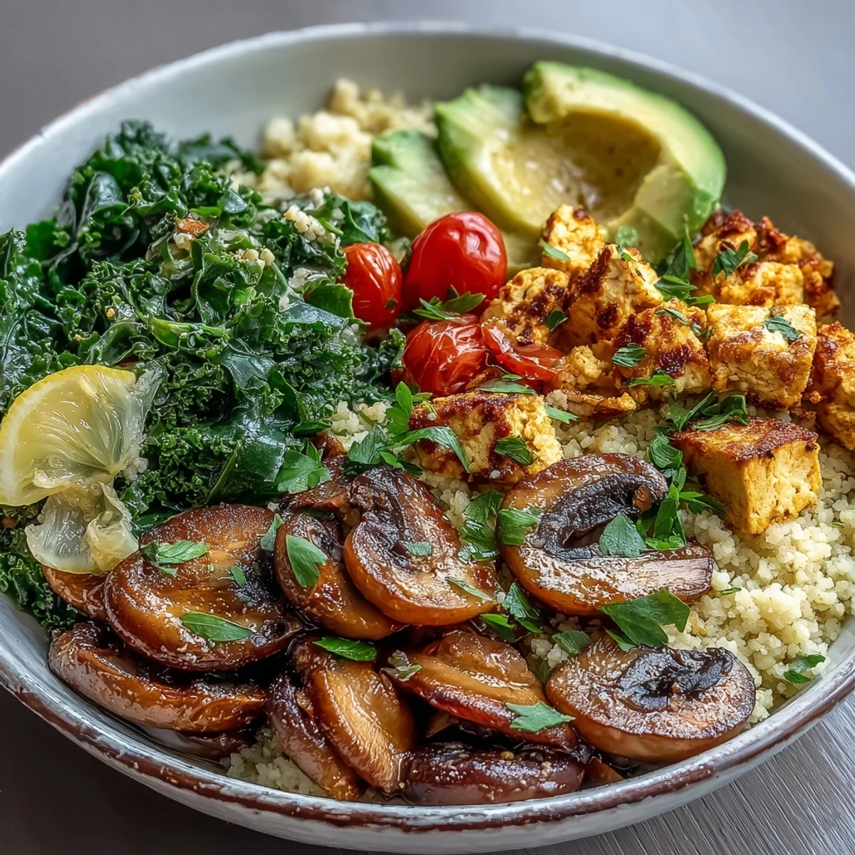 Golden scrambled tofu sits atop whole wheat couscous with sautéed mushrooms and kale, garnished with avocado and cherry tomatoes.