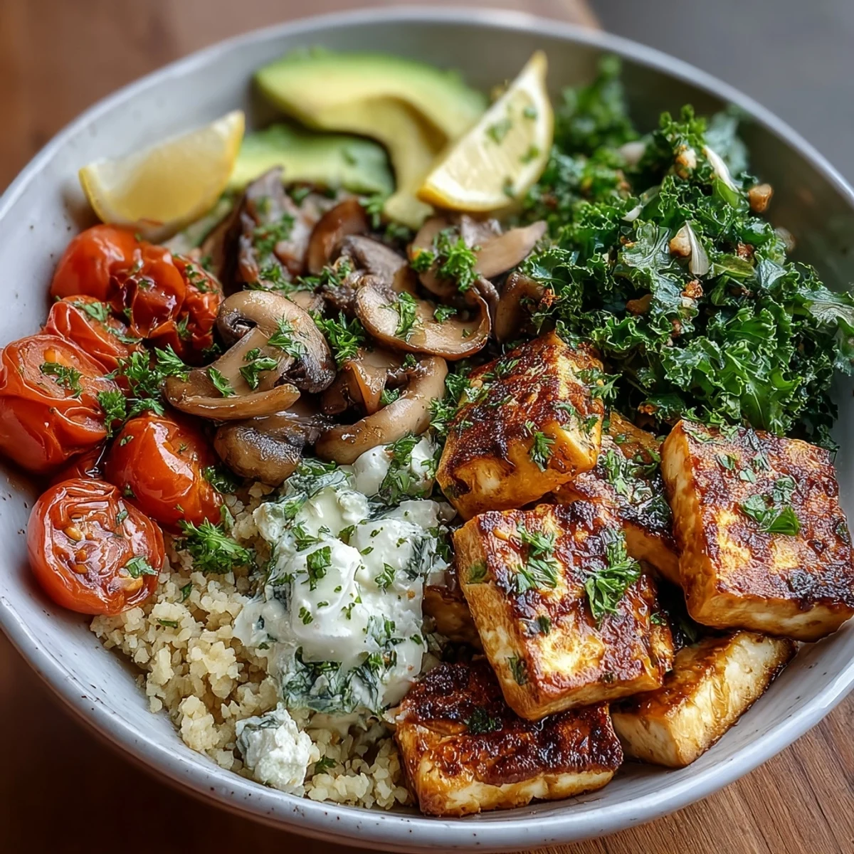 A steaming bowl of Scrambled Tofu Breakfast Bowl featuring garlicky mushrooms, bright green kale, and fresh parsley garnish.