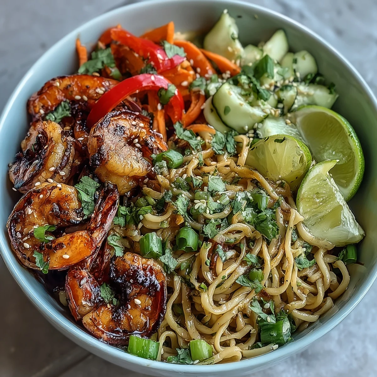 Steam rises from the 15-Minute Asian Noodle Bowl as grilled shrimp and fresh lime wedges rest on top of sesame noodles.