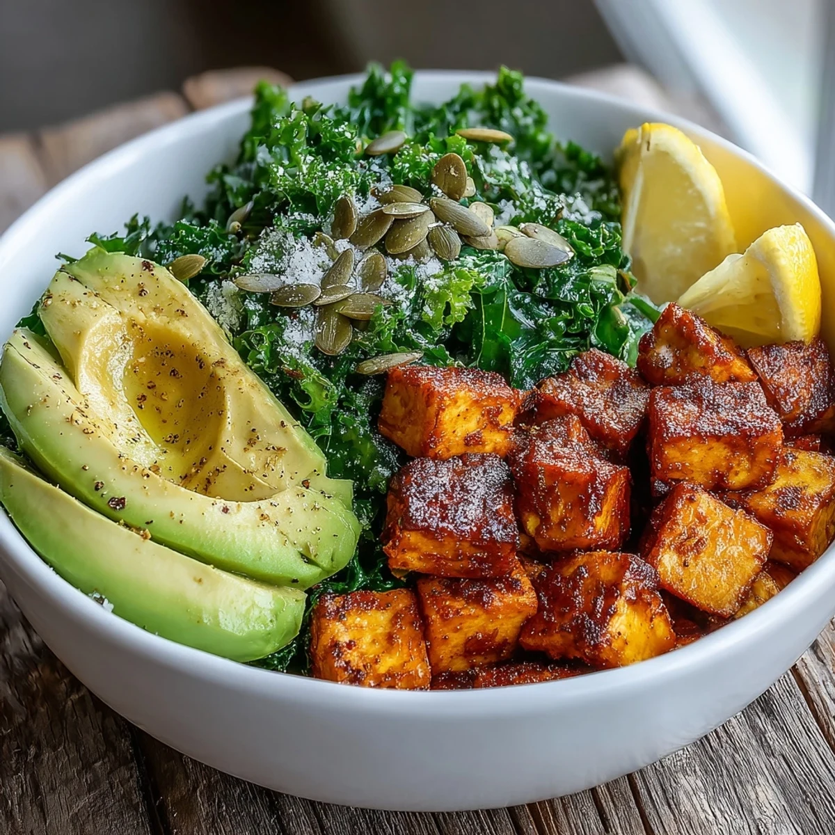 This Tofu Breakfast Bowl showcases bright green kale, golden tofu, and sliced avocado, finished with pumpkin seeds for extra crunch.