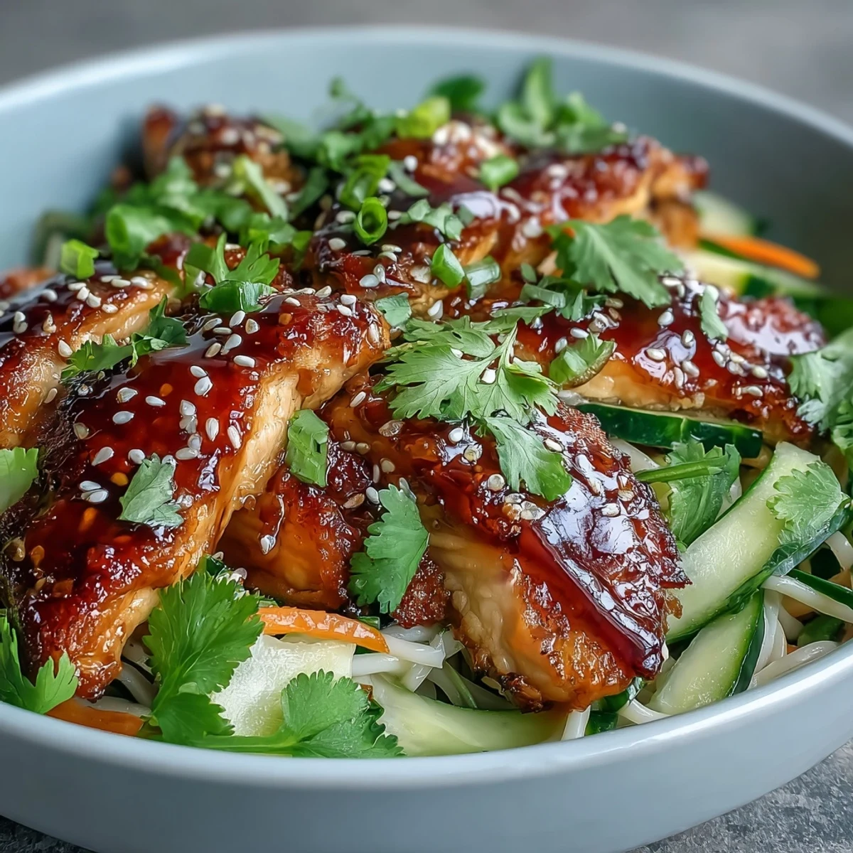 A deconstructed view of an Asian Chicken Noodle Bowl showing tender chicken, sliced cucumbers, and lime wedges.