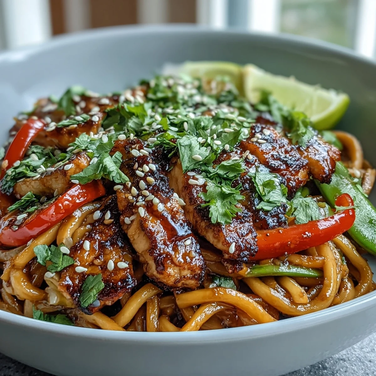 A steaming bowl of Sesame Chicken Noodle Bowl with noodles, chicken, and vibrant peppers on a dark plate.