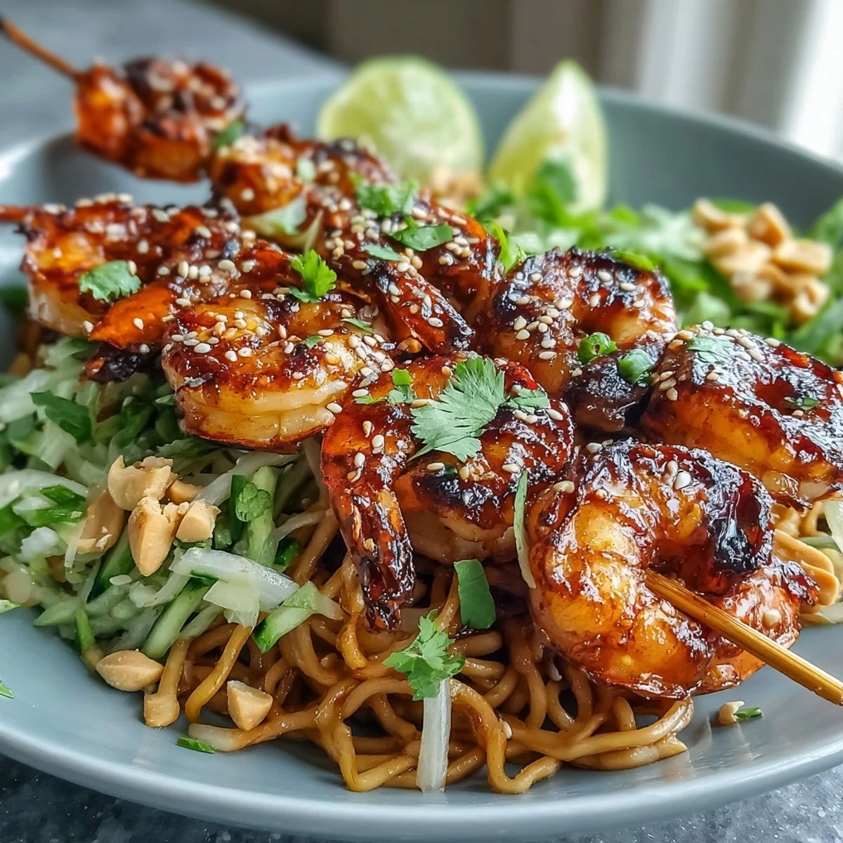 Vibrant Grilled Shrimp Asian Noodle Bowl served with lime wedges and fresh bean sprouts.