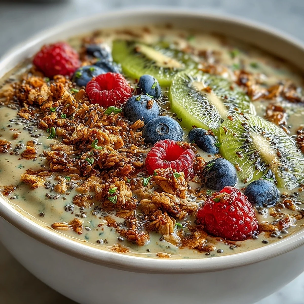 Creamy Hojicha Smoothie Bowl topped with fresh berries, kiwi, and crunchy granola for a nourishing Japanese-inspired breakfast.