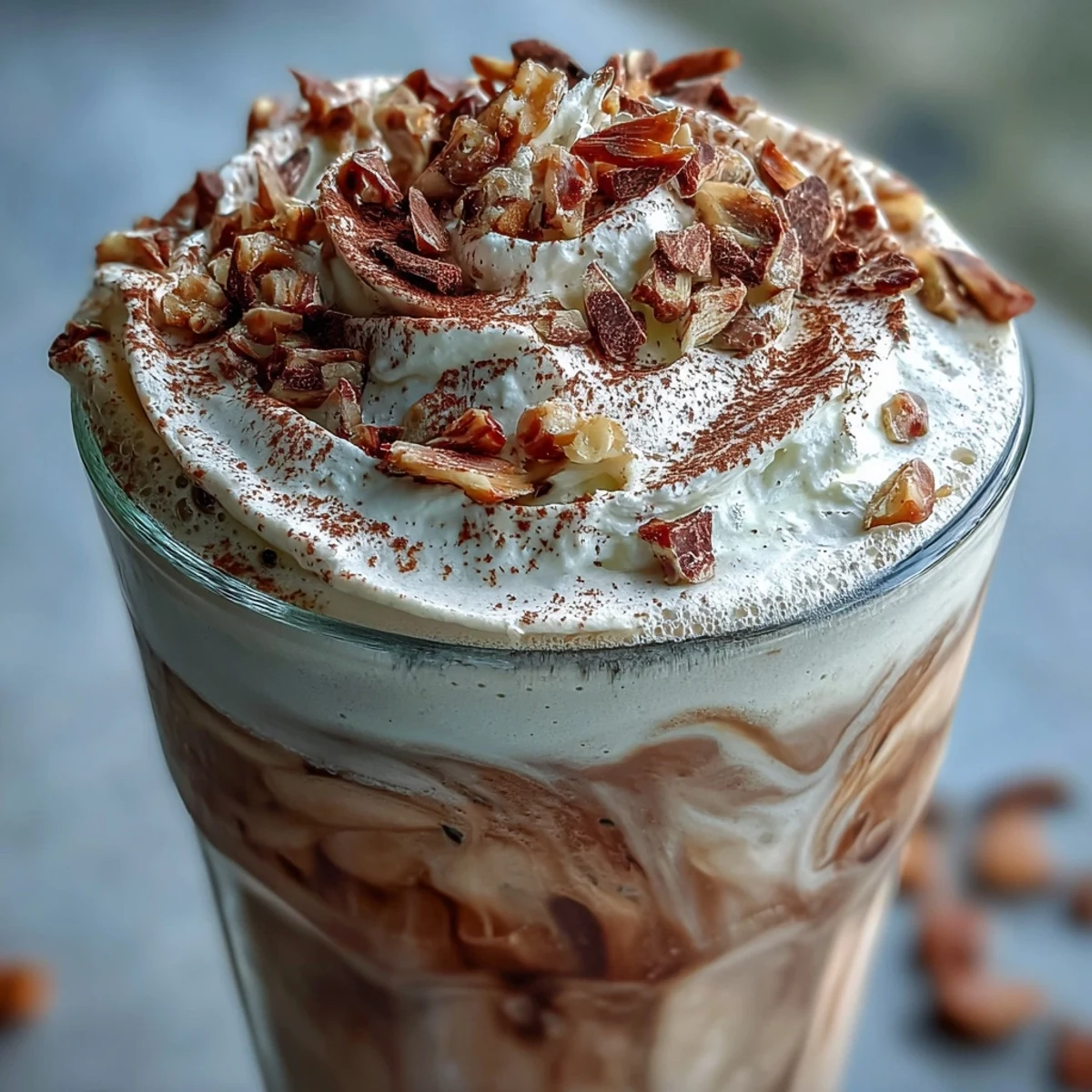Creamy Hojicha milkshake topped with whipped cream and crushed nuts, ready to sip.