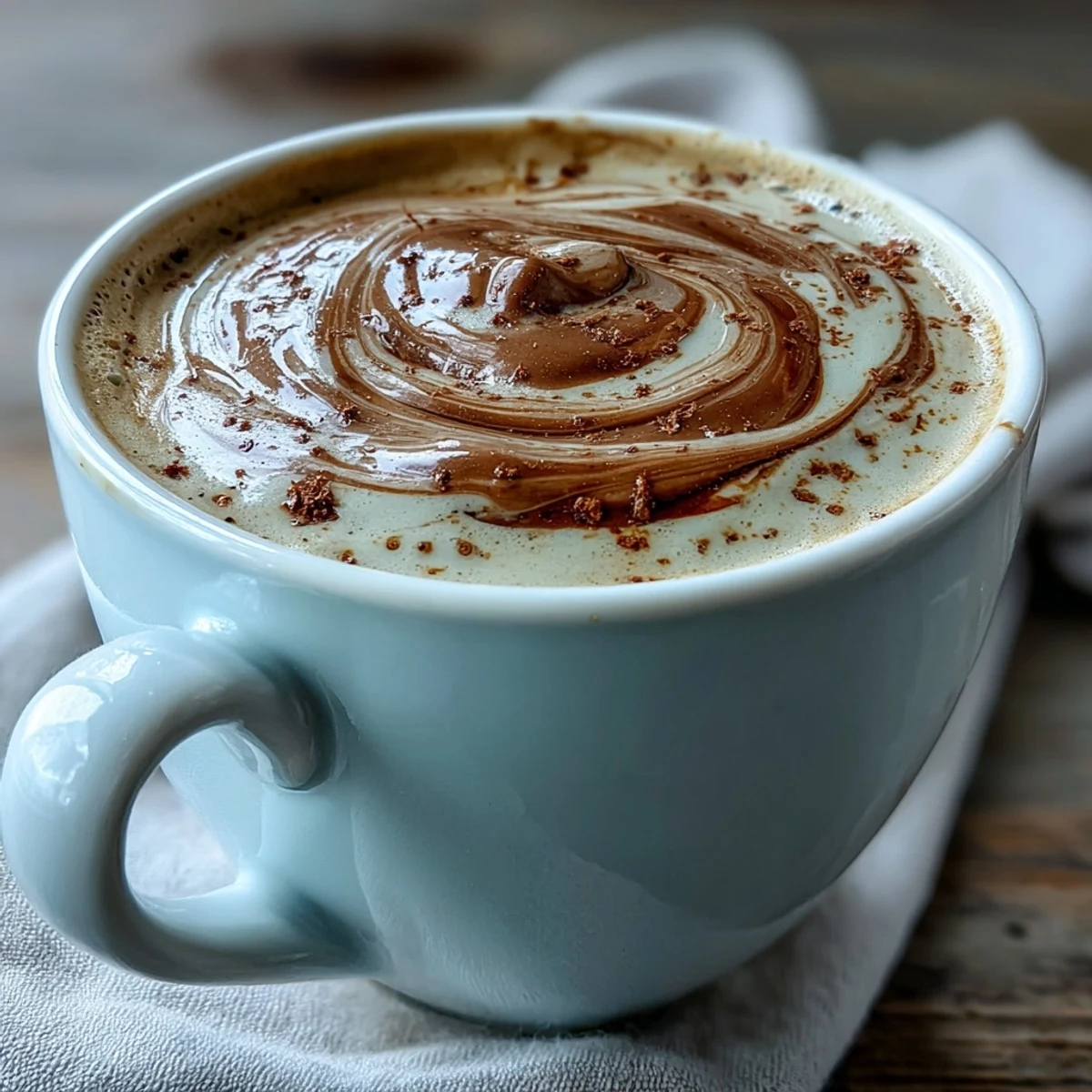 Close-up of a rich, chocolate-brown Hojicha Latte with Vanilla Extract, showcasing the velvety texture of frothy oat milk and a swirling vanilla bean aroma.