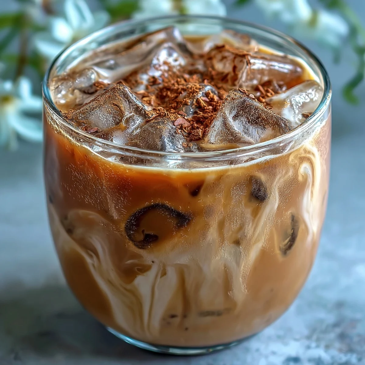 Two glasses of Iced Hojicha with Cinnamon garnished with cinnamon dust, paired with mochi on a wooden table.