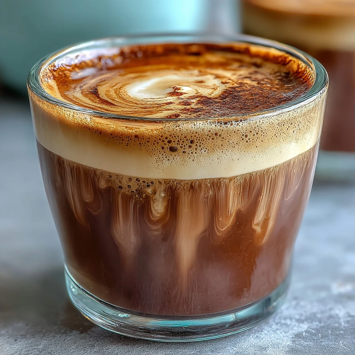 Frothy Hojicha Cortado topped with a delicate layer of foam, ready to sip alongside breakfast.