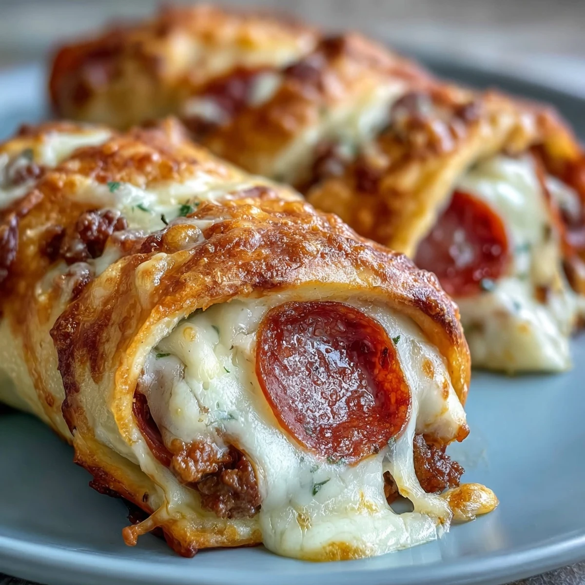 Close-up of sliced high protein pepperoni pizza rolls on a rustic wooden board, revealing layers of pepperoni, lean beef, and cheese.  