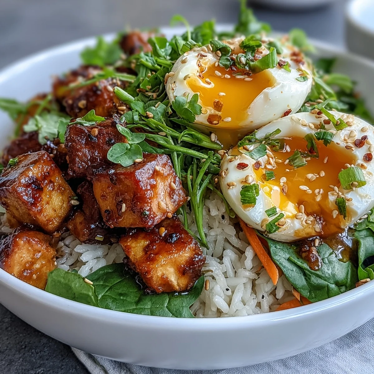 A vibrant Asian-inspired breakfast bowl featuring soft tofu, halved jammy eggs, and a zesty ginger scallion sauce drizzle.