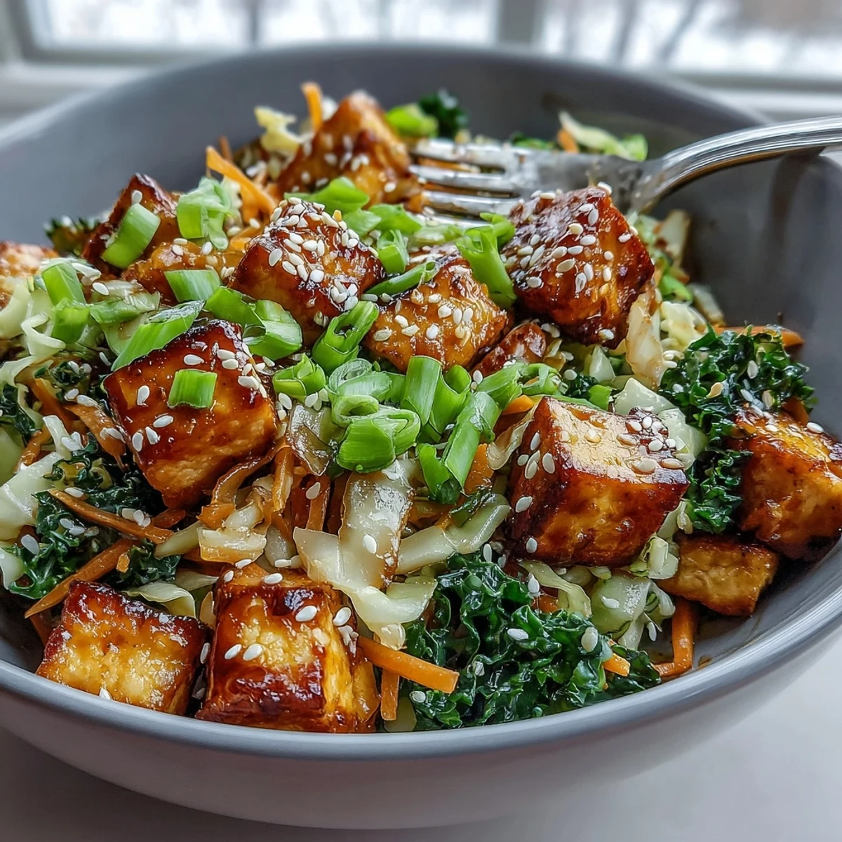 This deconstructed Tofu Egg Roll in a Bowl features sautéed kale, spinach, and a savory umami sauce drizzled over the top.