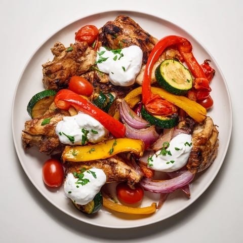 Golden Sheet Pan Chicken Shawarma with roasted vegetables, ready to serve with warm pita.