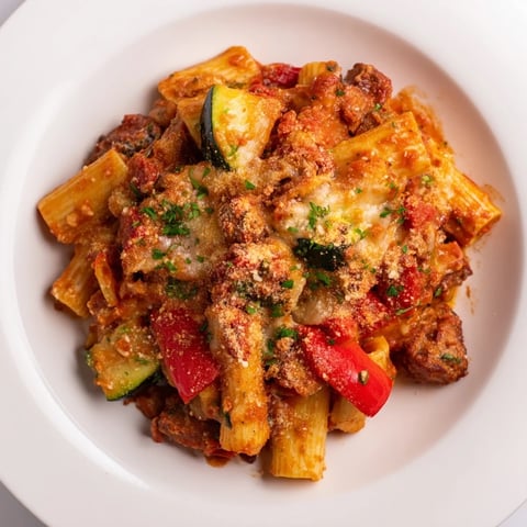 Spicy vegan chorizo baked pasta, bubbling hot with melted vegan mozzarella and roasted vegetables.