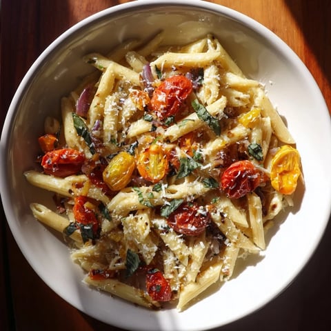Baked Tomato & Olive Oil Pasta bubbling in a baking dish, a delicious Italian vegetarian meal.