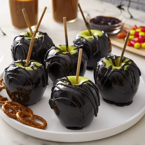 A visually stunning Poison Apple Halloween treat board with glistening, black candy apples and festive snacks.