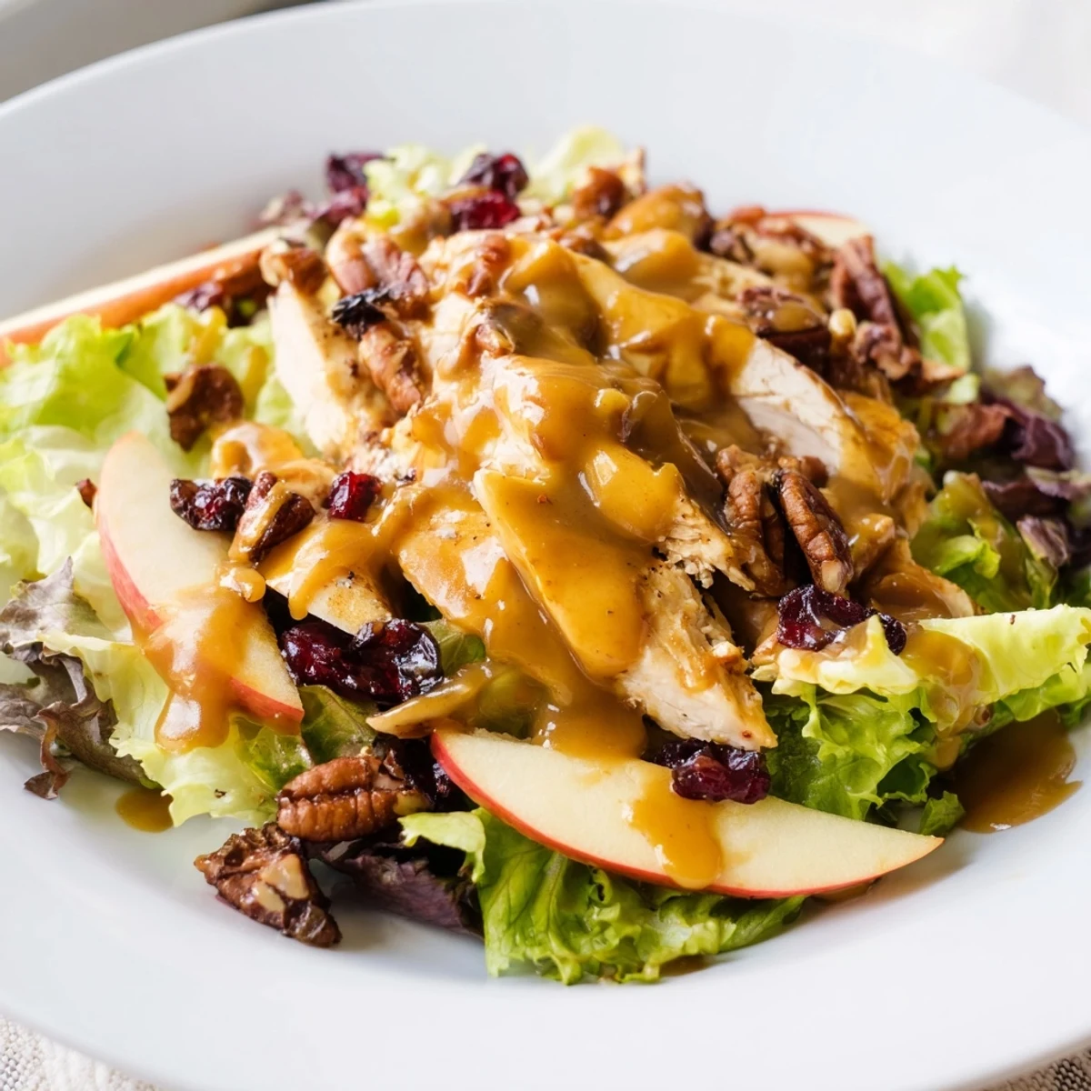 A vibrant plate of Caramel Apple Chicken Salad features mixed greens topped with sliced Honeycrisp apples, tender chicken, and crumbled feta cheese.