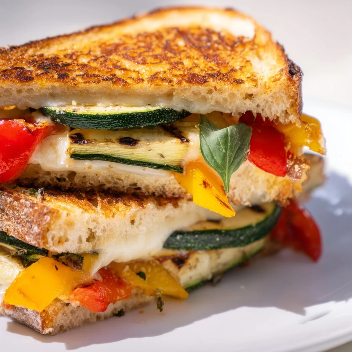 A close-up of golden, crusty sourdough slices revealing melted mozzarella, roasted zucchini, and red pepper with fresh basil leaves.