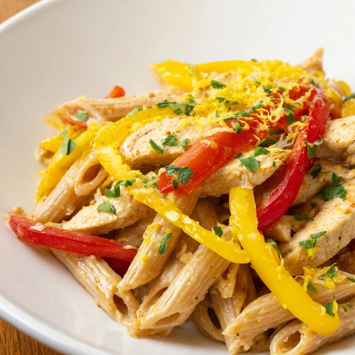 Creamy Cajun Chicken Pasta Lite features juicy chicken strips and whole wheat penne tossed in a spicy, creamy sauce, garnished with fresh parsley.  