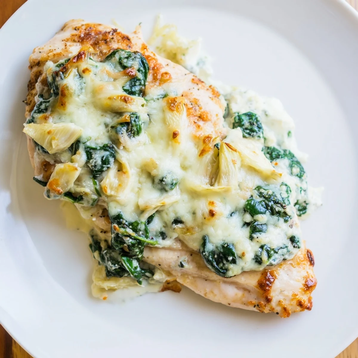 Golden-brown Spinach & Artichoke Chicken Bake in a ceramic dish, with bubbling cheese and creamy topping.