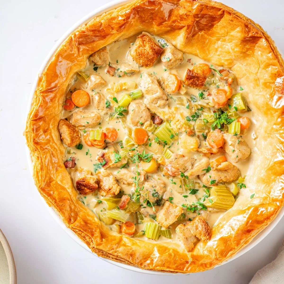 Golden-brown, flaky pastry tops the bubbling Chicken and Leek Pie, revealing tender chicken, smoky bacon, and sautéed leeks in a creamy herb sauce.  