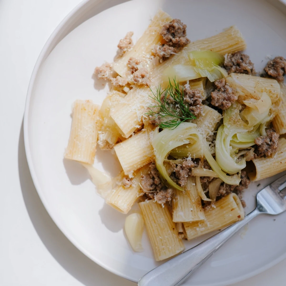 Steaming bowl of Winter Pasta with Sausage and Fennel, garnished with fresh parsley and Parmesan.