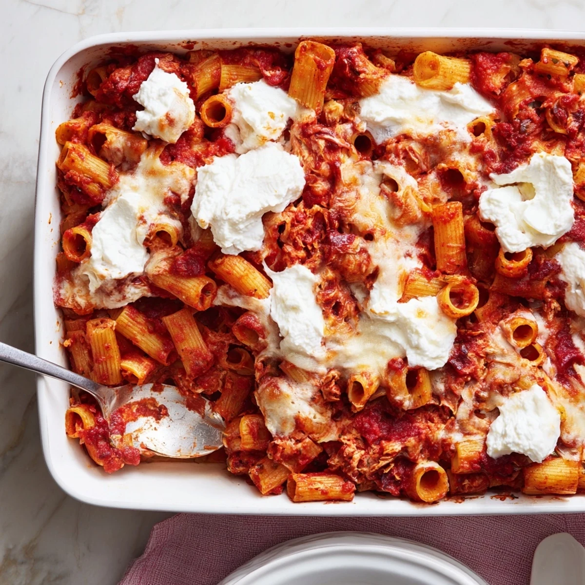 Golden, bubbly mozzarella tops layers of baked ziti, rich tomato sauce, and creamy ricotta in a 9x13 dish.