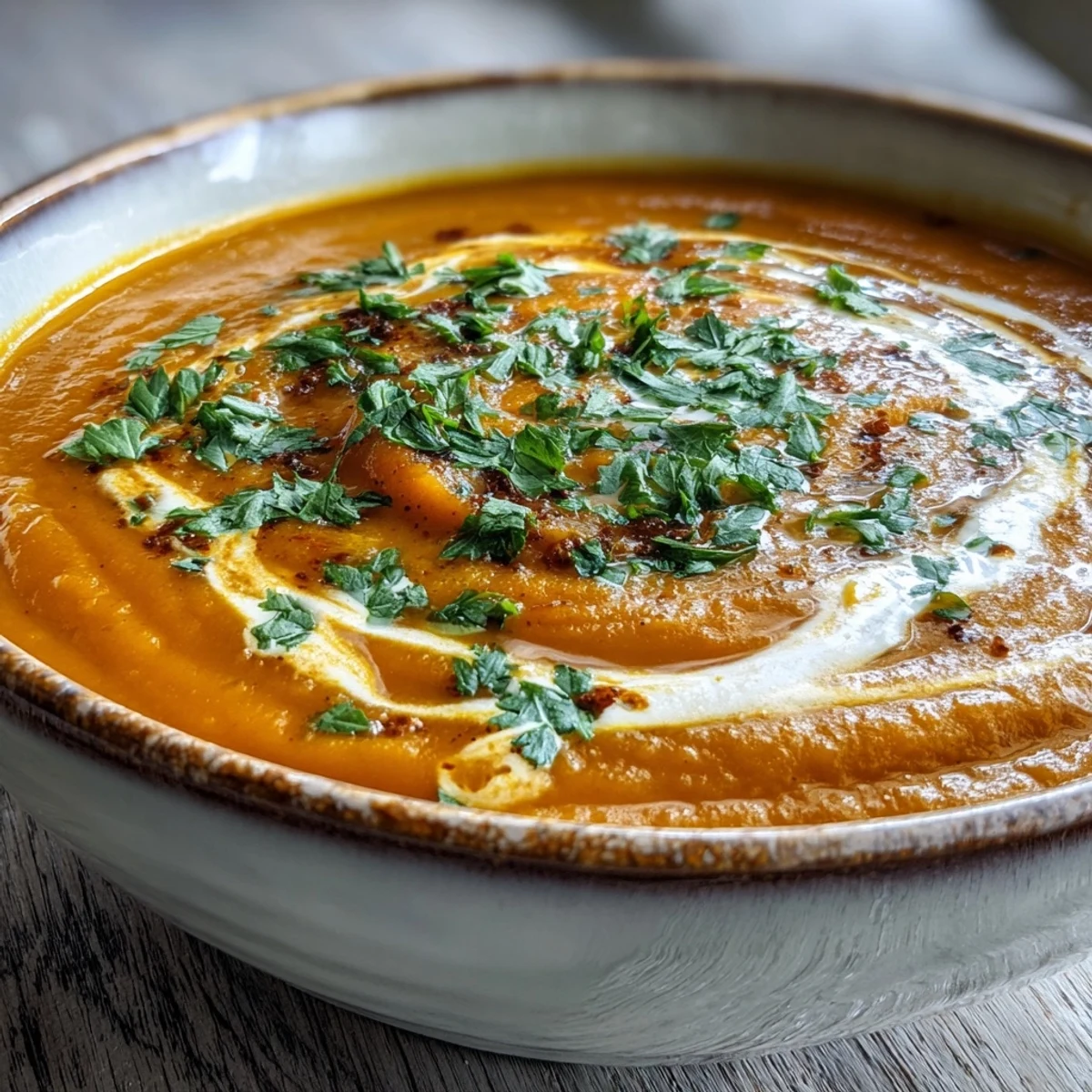 Creamy Carrot and Lentil Soup with coconut milk, garnished with cilantro and a swirl of yogurt.