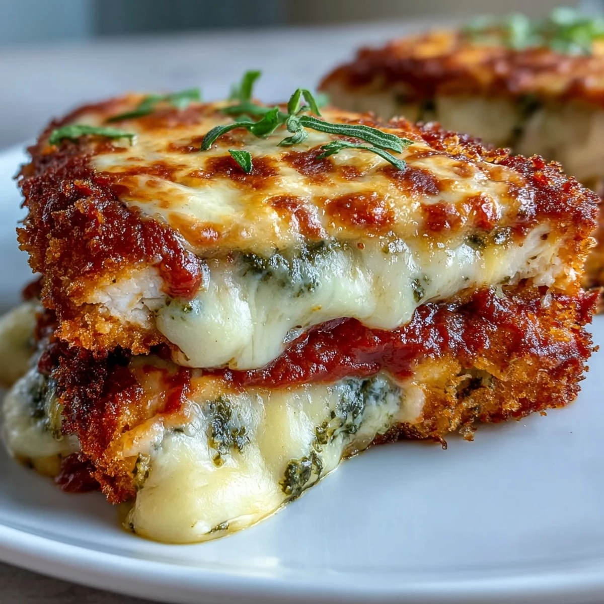 Golden-brown breaded chicken breasts topped with basil pesto, marinara, and bubbling mozzarella and Parmesan cheese.