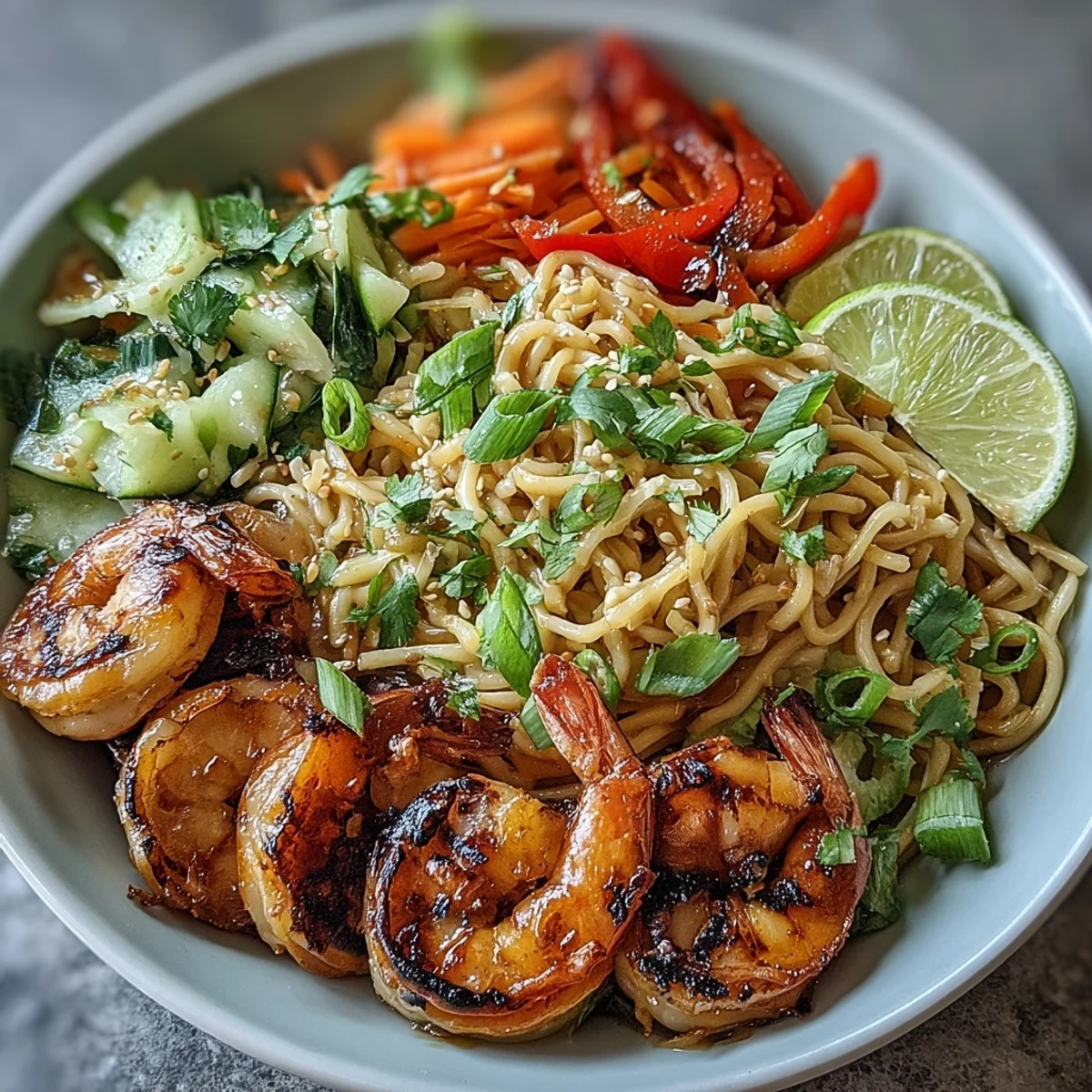 Grilled shrimp and colorful veggies top the 15-Minute Asian Noodle Bowl in a white bowl, highlighting the quick weeknight meal.