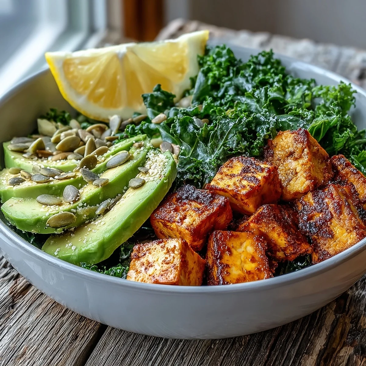 Golden, crispy tofu cubes and sautéed kale fill this Tofu Breakfast Bowl, topped with creamy avocado slices and a squeeze of lemon.