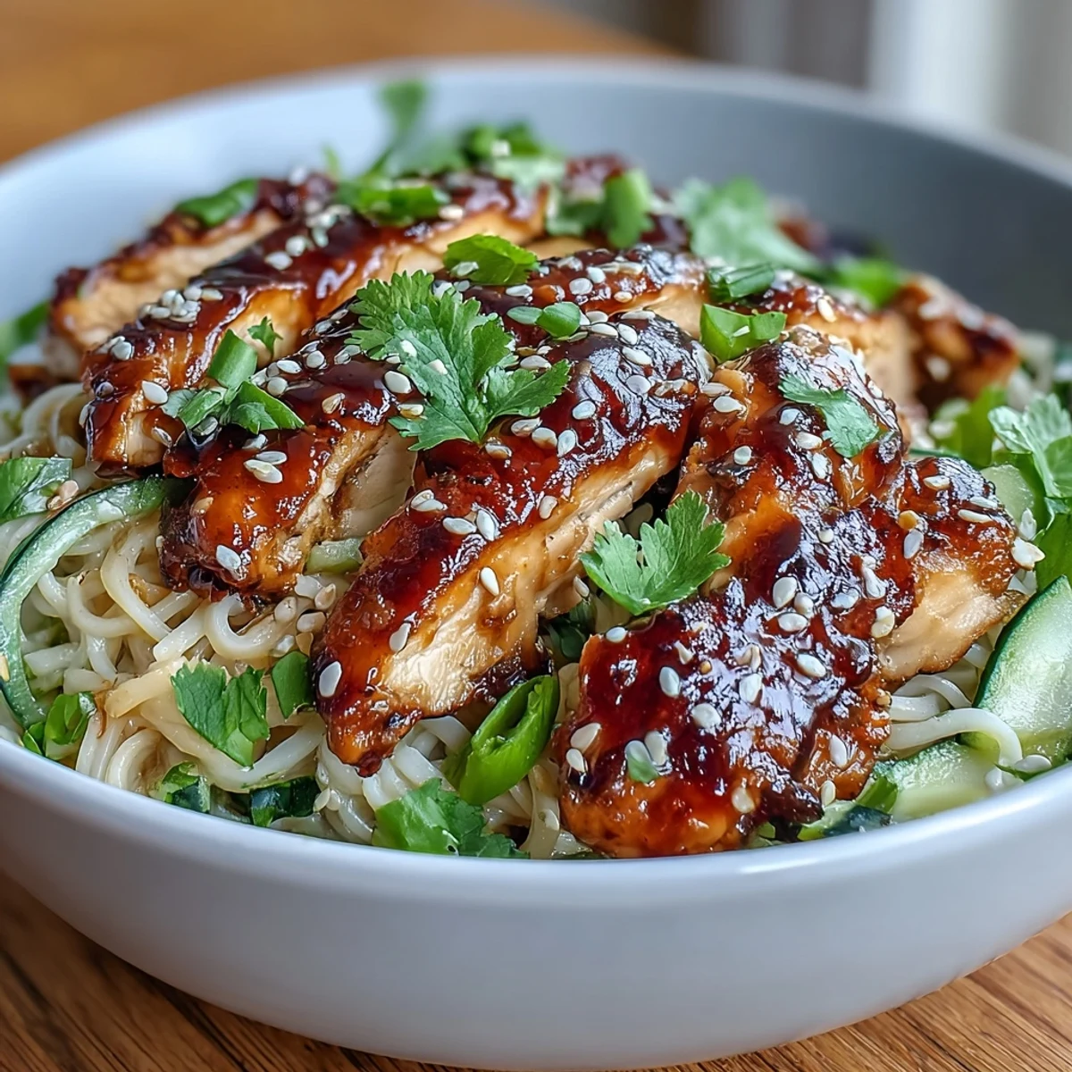 Close-up of a vibrant Asian Chicken Noodle Bowl topped with fresh cilantro and toasted sesame seeds.
