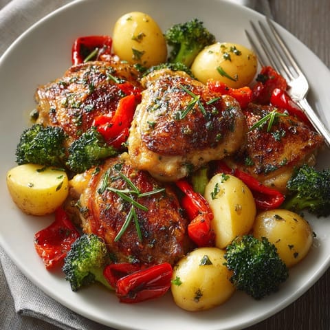 Juicy sheet pan garlic herb chicken and veggies with roasted, savory aroma.