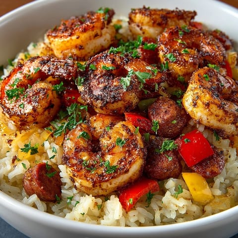 Close-up of vibrant One-Pot Cajun Shrimp and Rice, a quick weeknight dinner.