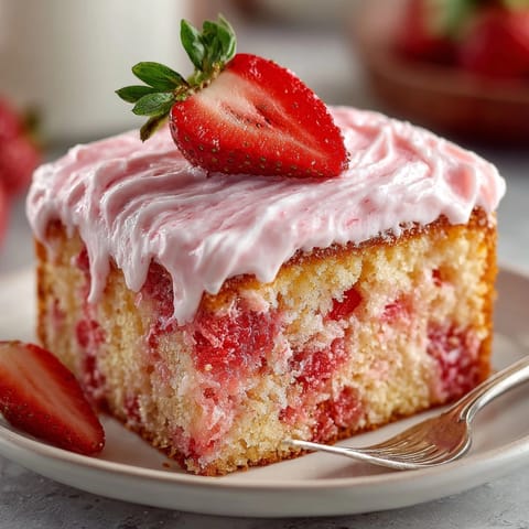 Homemade viral strawberry cake, baked in a 9x13, ready for a summer party.