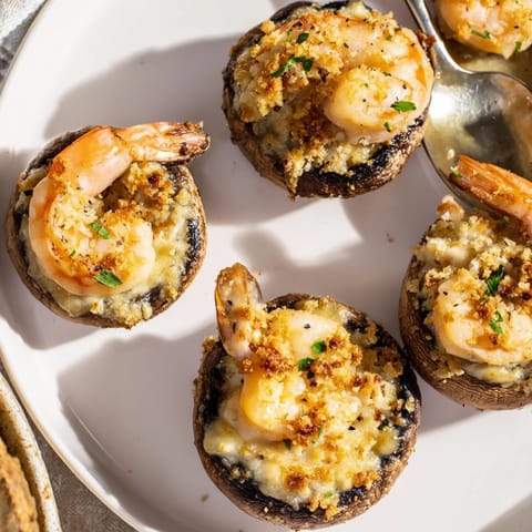Close up: Creamy Shrimp Alfredo Stuffed Mushrooms, topped with melted mozzarella, ready to serve.