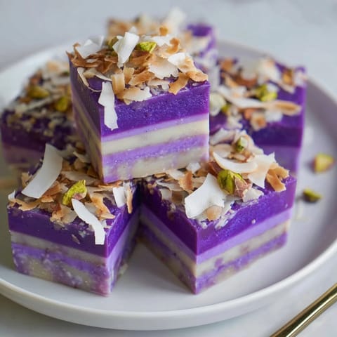 Vibrant purple ube fudge squares garnished with coconut, perfect for sweet charcuterie delights.  