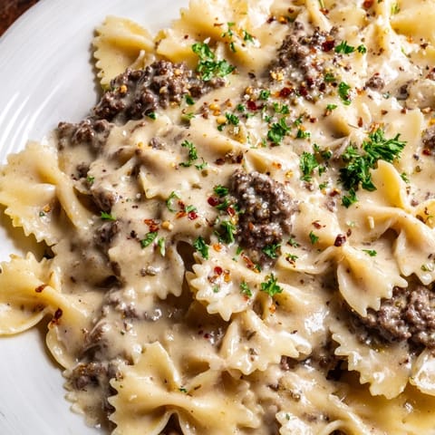 Beef and Bowtie Alfredo Pasta