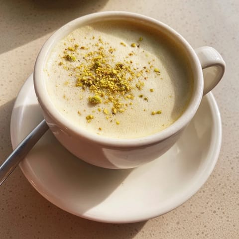 Homemade pistachio milk latte, a nutty twist on classic café drinks.  