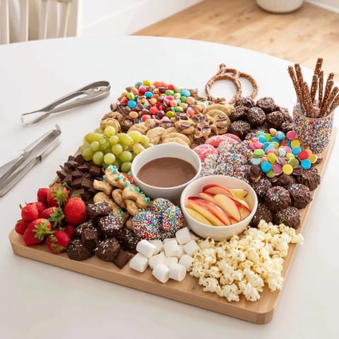 Festive dessert board with holiday-themed snacks, offering a variety of textures and flavors.  