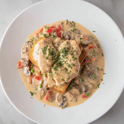 Creamy Chicken à la King with mushrooms and peas, ladled over golden toasted bread slices.